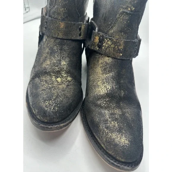 Freebird By Steven Phlow Ankle Boots-black & Gold Metallic W/Harness Women 10 - Picture 2 of 7